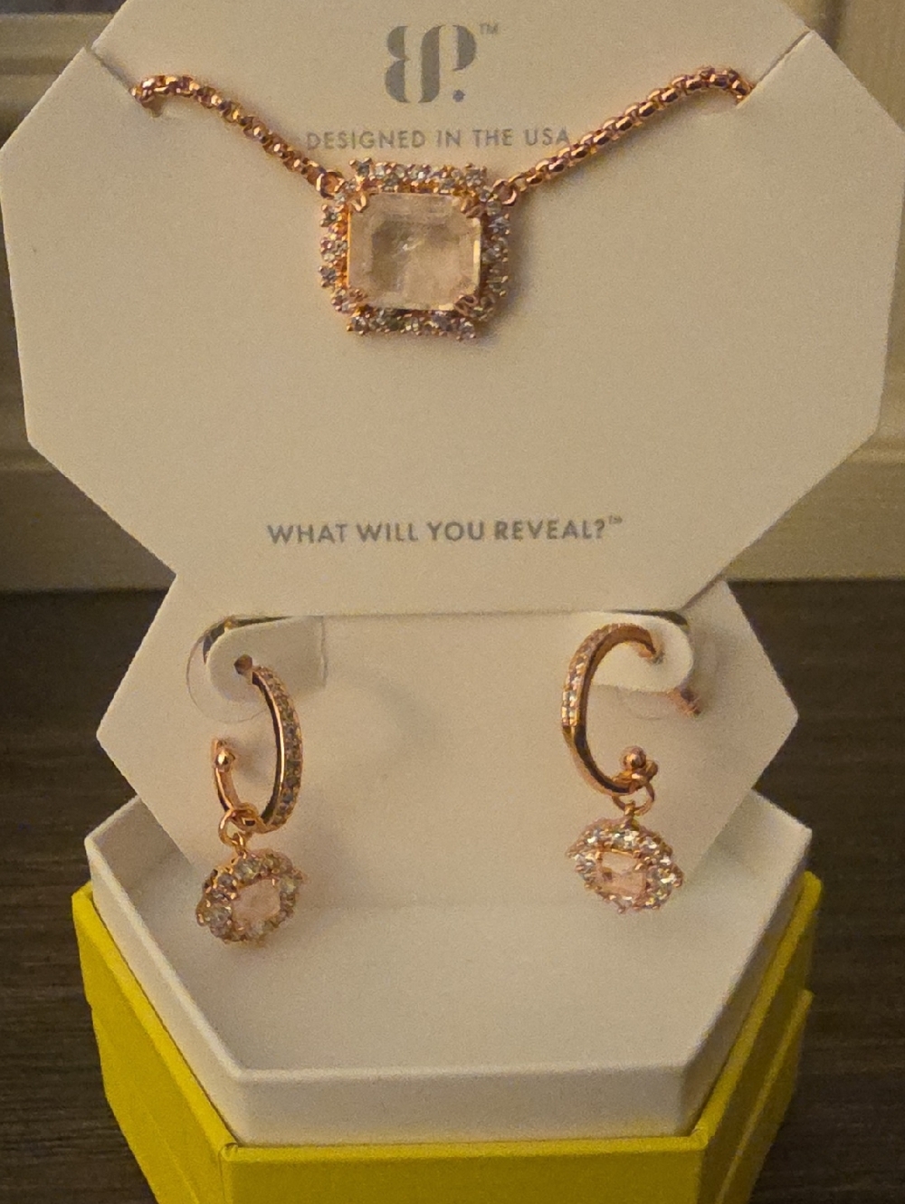 BP Rose Gold Color Changing Stone Necklace with Matching Hoop Drop Earrings